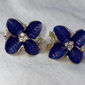 Gold tone royal blue enamel white rhinestone four petal flower stud clipbacks